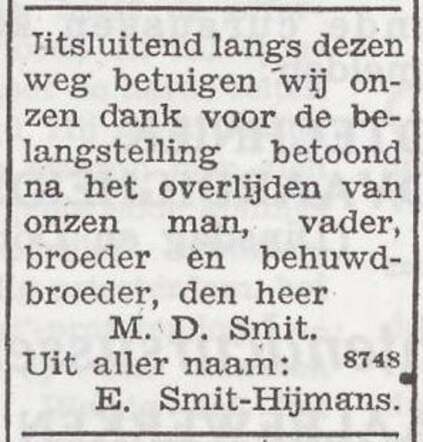 Dankbetuiging van de familie Smit