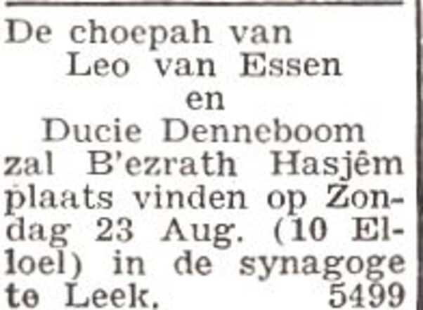 Aankondiging van de huwelijksinzegening van Leo van Essen en Duifje Denneboom