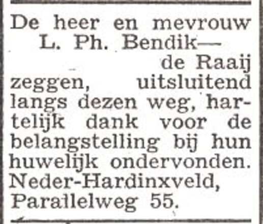 Dankbetuiging van het echtpaar Levie Philippus en Duifje Marianne Bendik-de Raaij