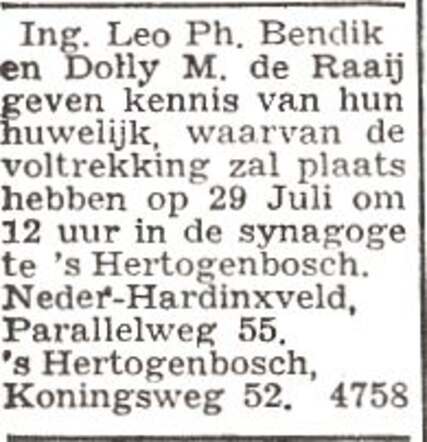 Aankondiging van de huwelijksinzegening van Duifje Mariana de Raaij en Levie Philippus Bendik