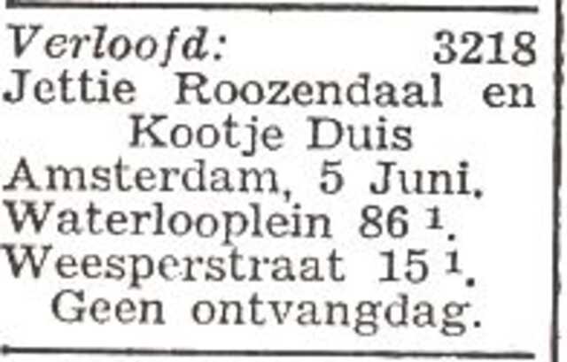 Vermelding van de verloving van Jacob (Kootje) Duis en Jettie Roozendaal