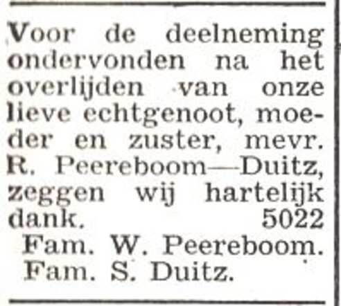 Dankbetuiging van families W. Peereboom en S. Duitz