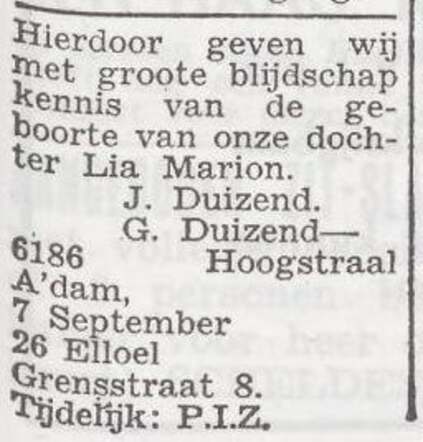 Bekendmaking van de geboorte van Lia Marion Duizend