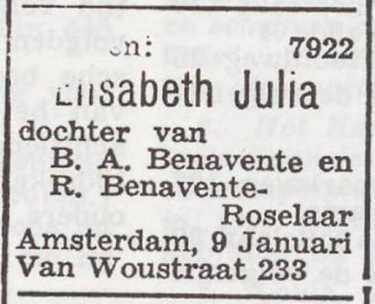 Mededeling van de geboorte van Elisabeth Julia Benavente