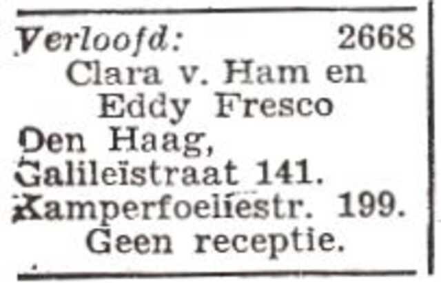 Vermelding van de verloving van Eliazar Fresco en Clara Helena van Ham