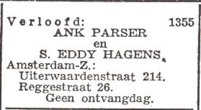 Vermelding van de verloving van Salomon Eduard Hagens en Anna Adriana Parser