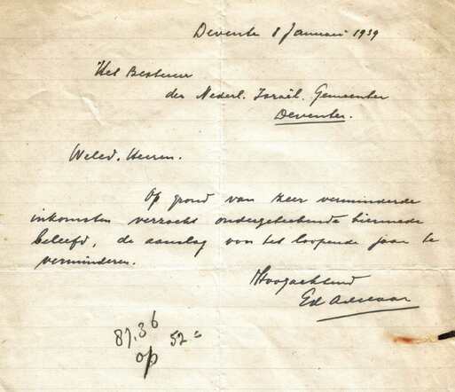Eduard Adelaar aan kerkbestuur 8-1-1939