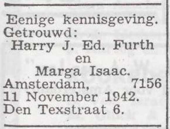 Bekendmaking van het huwelijk van Margareta Pauline Isaac en Harry Jacobus Eduard Furth