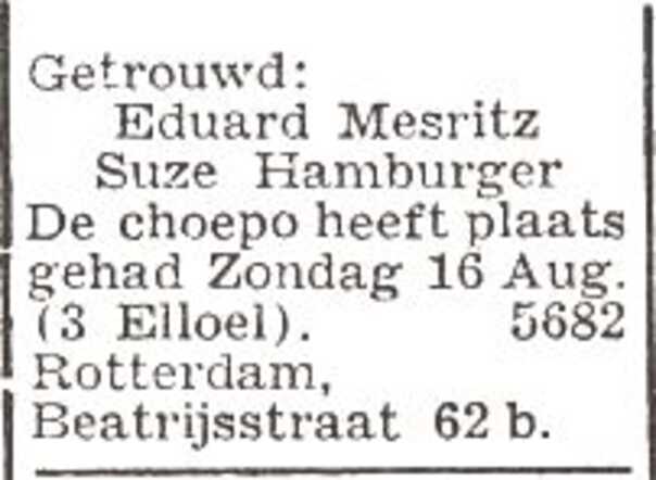 Bekendmaking van het huwelijk van Eduard Mesritz en Suzanna Hamburger