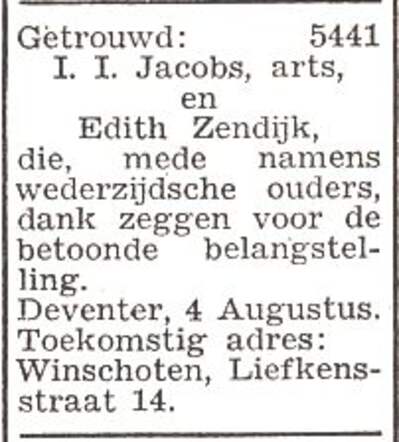 Bekendmaking van het huwelijk van Izaäk Israel Jacobs en Edith Zendijk
