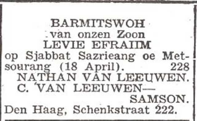 Aankondiging van de bar mitswa van Levie Efraim van Leeuwen