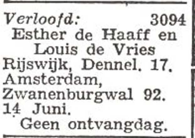 Vermelding van de verloving van Esther Cornelia de Haaff en Lazarus (Louis) de Vries