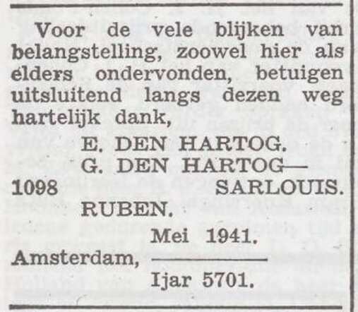 Dankbetuiging van de familie den Hartog
