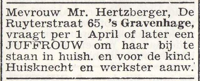 Advertentie van mw. Elisabeth Hertzberger-van Praagh