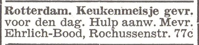 Advertentie van mw. Johanna Ehrlich-Bood