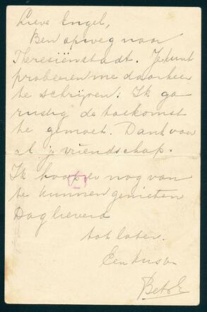 Briefkaart van Elisabeth Eisendrath vanuit de trein richting Theresienstadt  gegooid aan Engel Knol, een bevriende verpleegster uit Rotterdam.