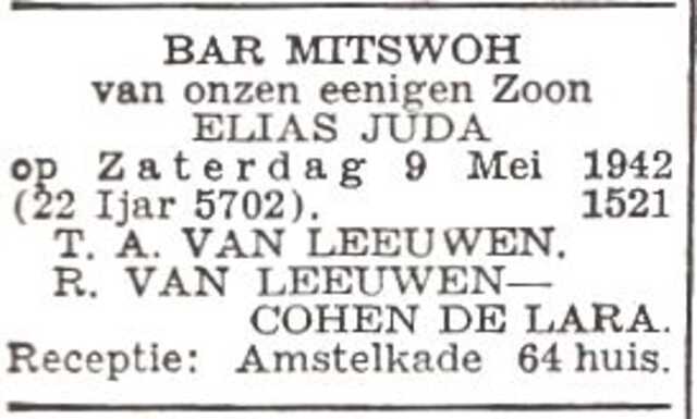 Aankondiging van de bar mitswa van Elias Juda van Leeuwen