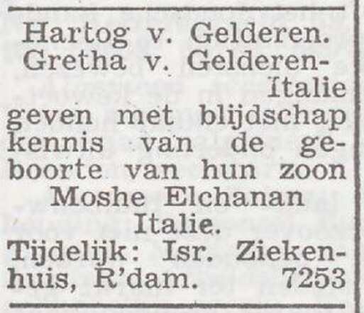 Bekendmaking van de geboorte van Moshé Elchanan Italie van Gelderen