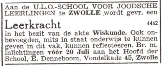 Personeelsadvertentie van ULO-school Zwolle