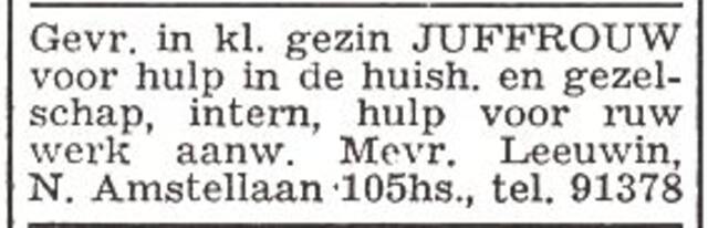 Advertentie van mw. Elisabeth Leeuwin-Rabbie