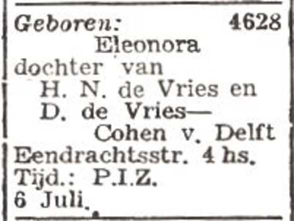 Vermelding van de geboorte van Eleonora de Vries