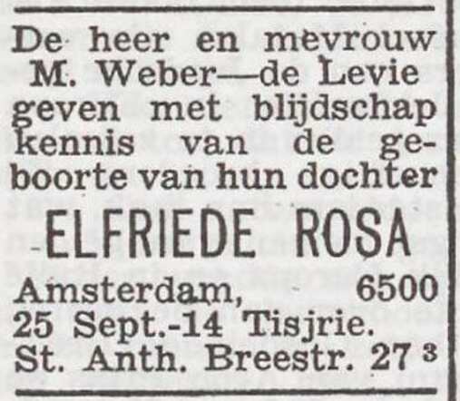 Bekendmaking van de geboorte van Elfriede Rosa Weber