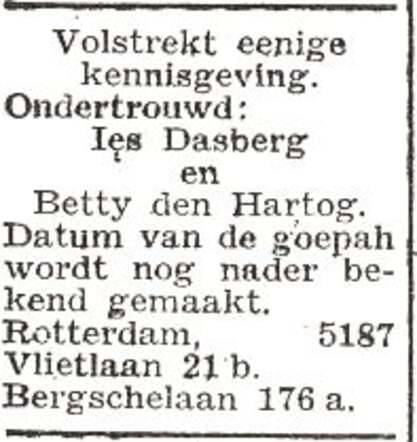 Bekendmaking van ondertrouw van Izak Dasberg en Elisabeth den Hartog