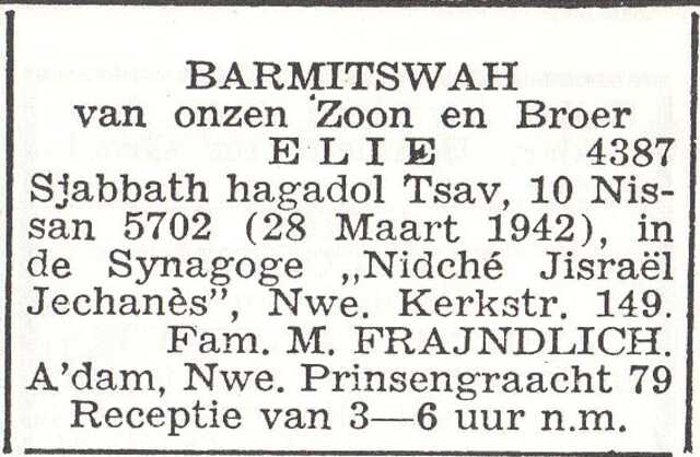 Aankondiging van de bar mitswa van Elias Mordechai Frajndlich