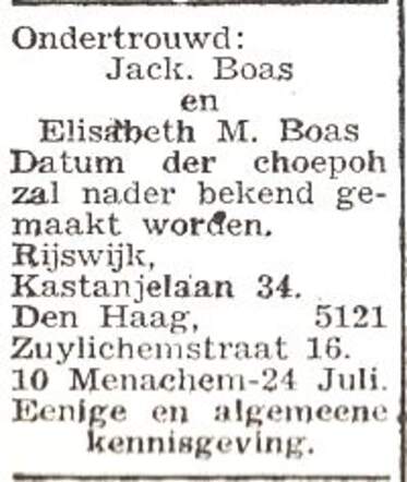 Bekendmaking van ondertrouw van Jack. Boas en Elizabeth Mary Boas