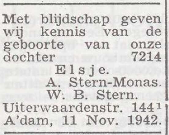 Bekendmaking van de geboorte van Elsje Stern
