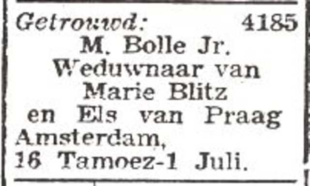 Vermelding van het huwelijk van Elza Engelina van Praag en Mozes Bolle