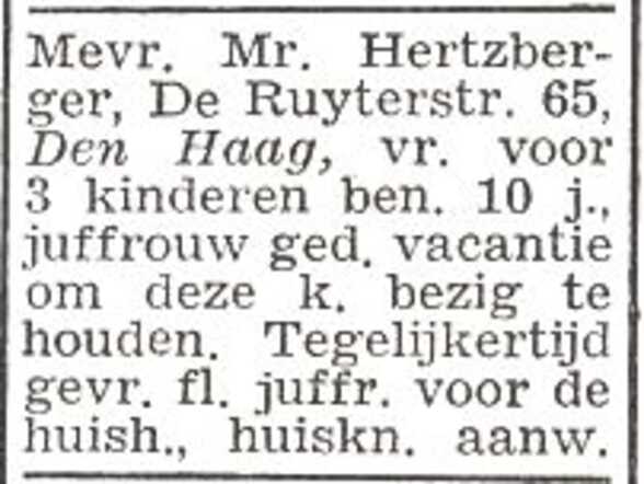 Advertentie van Elisabeth Hertzberger-van Praagh