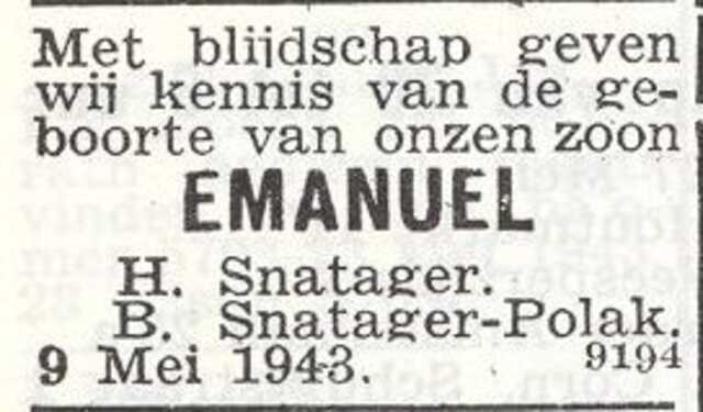 Announcement of the birth of Emanuel Snatager