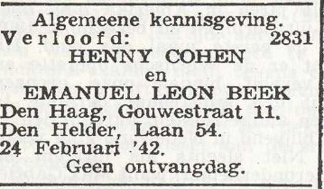 Bekendmaking van de verloving van Emanuel Leon Beek