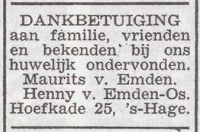 Dankbetuiging van Maurits en Heintje van Emden-Os