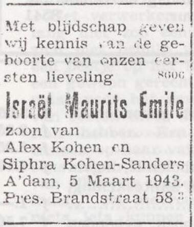 Bekendmaking van de geboorte van Israël Maurits Emile Kohen