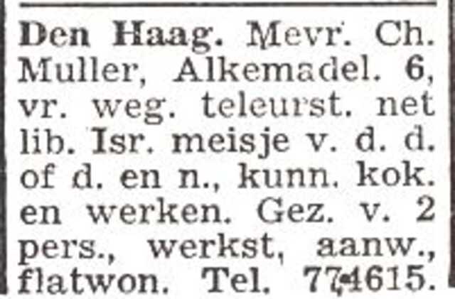 Advertentie van mw. Emma Müller-van Dam