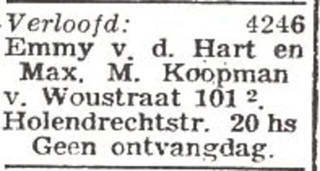 Vermelding van de  verloving van Esther (Emmy) van der Hart en Mozes (Max) Koopman
