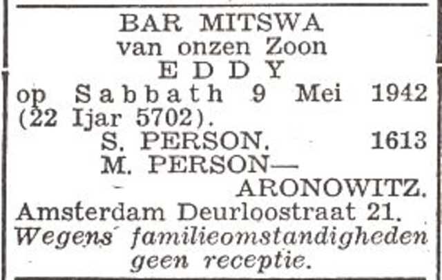 Aankondiging van de bar mitswa van Eddy Person