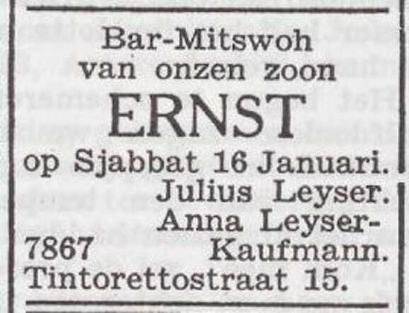 Aankondiging van de bar mitswa van Ernst Leijser