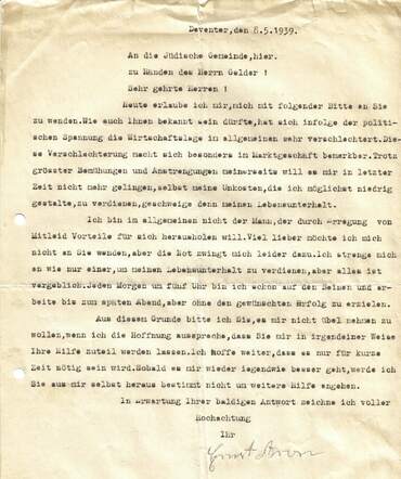 Brief Ernst Aron aan kerkbestuur Deventer 1939
