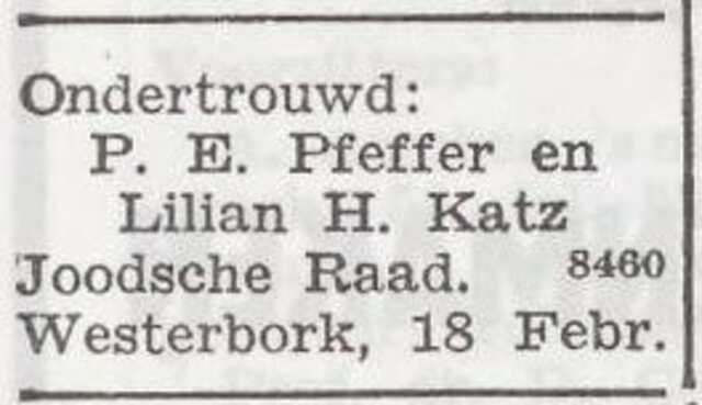 Bekendmaking van ondertrouw van Paul Ernst Pfeffer en Lilian Katz