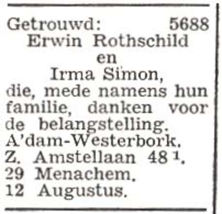 Bekendmaking van het huwelijk van Erwin Rothschild en Irma Simon