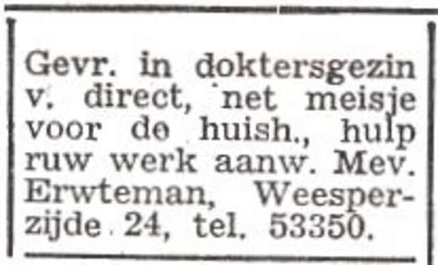 Advertentie van het gezin Juda Isaac Erwteman