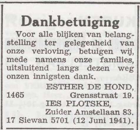 Dankbetuiging van Esther de Hond en Ies Plotske
