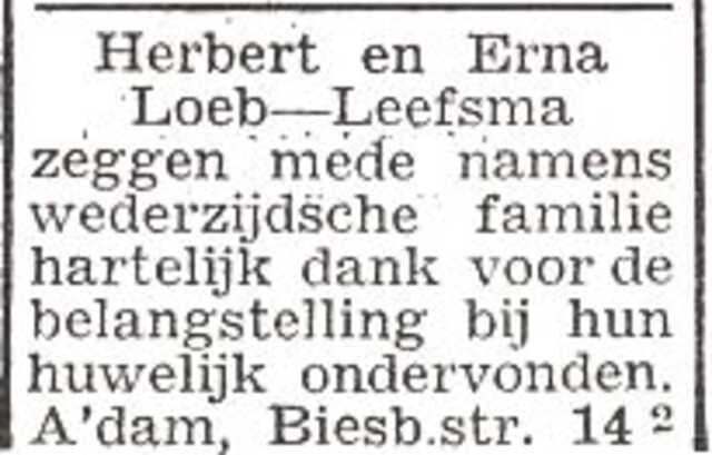 Dankbetuiging van Herbert en Erna Loeb-Leefsma