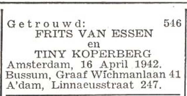 Vermelding van de huwelijkssluiting van Catharina (Tiny) Koperberg en Siegfried (Frits) van Essen