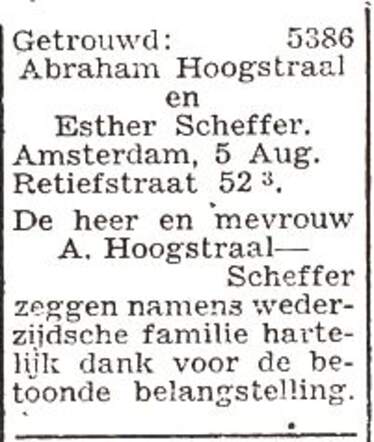 Bekendmaking van het huwelijk van Abraham Hoogstraal en Esther Scheffer