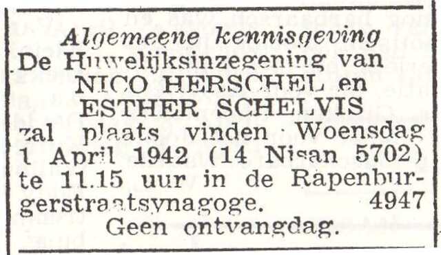 Aankondiging van de huwelijksinzegening van Nico Herschel en Esther Schelvis