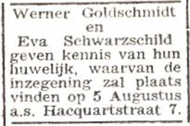 Bekendmaking van de huwelijksinzegening van Eva Schwarzschild en Werner Goldschmidt